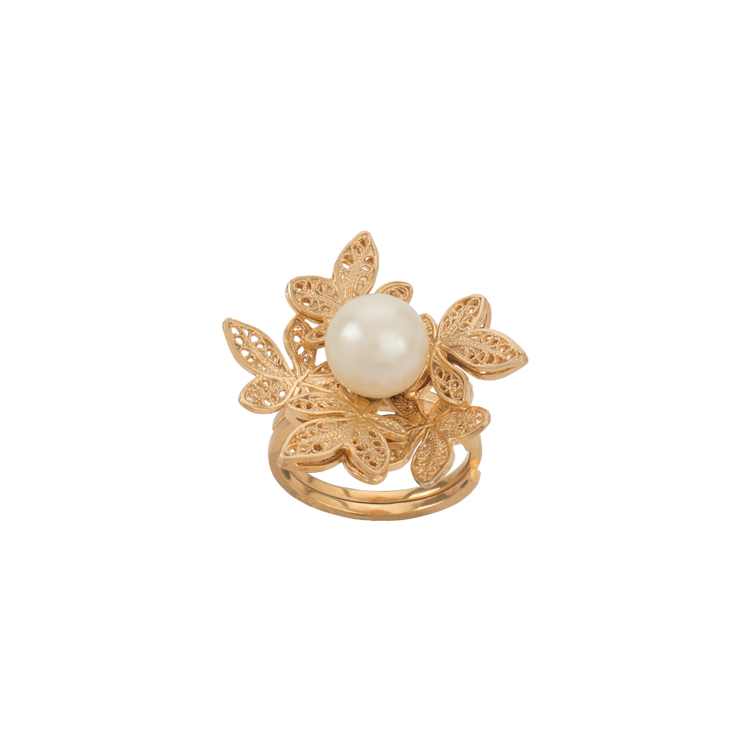 Gold Plated Silver Ring with Pearl, Anel Folhas de Plátano